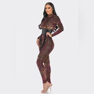 Las Vegas Brown Animal Print Mesh Velvet Jumpsuit